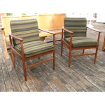 Pair of timber frame chairs, green fabric